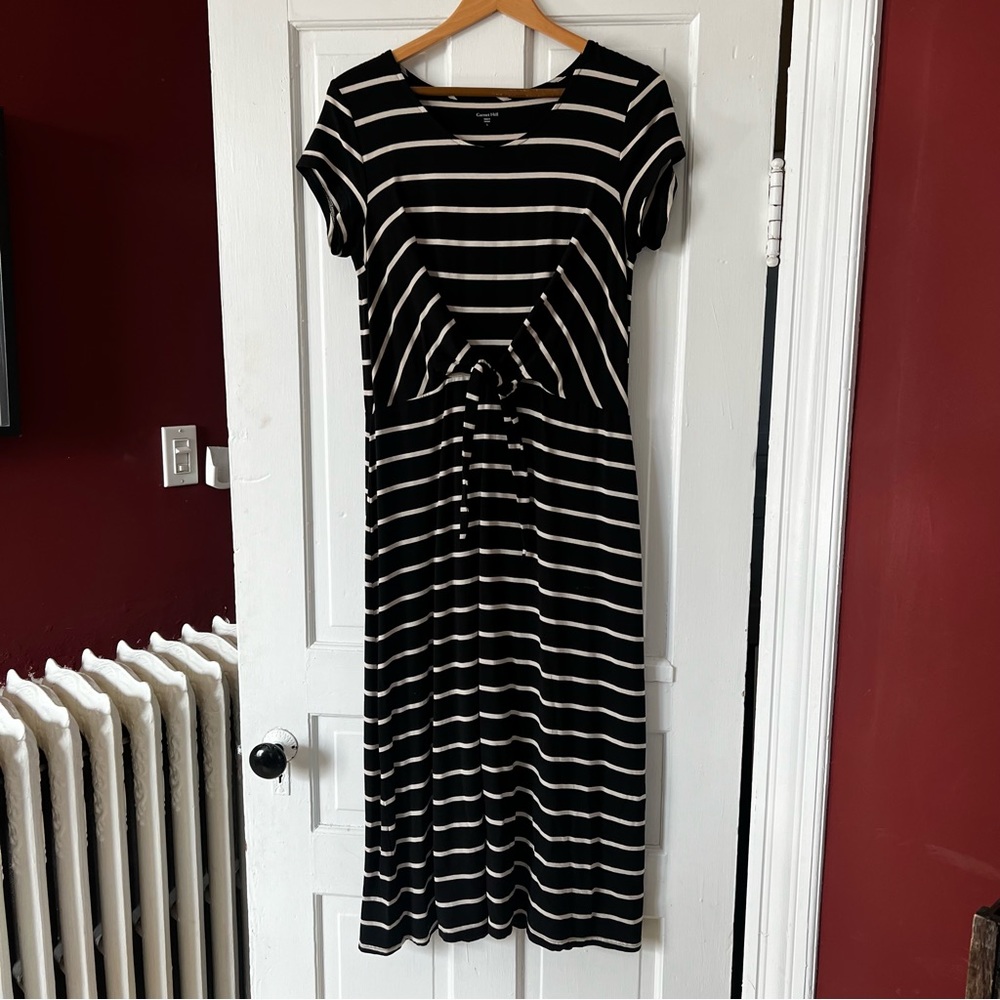 GARNET HILL Black Cream Striped Dress with Waist Tie, Large